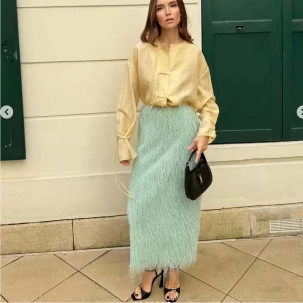 Zara Fringe Pencil Midi Skirt Sea Green